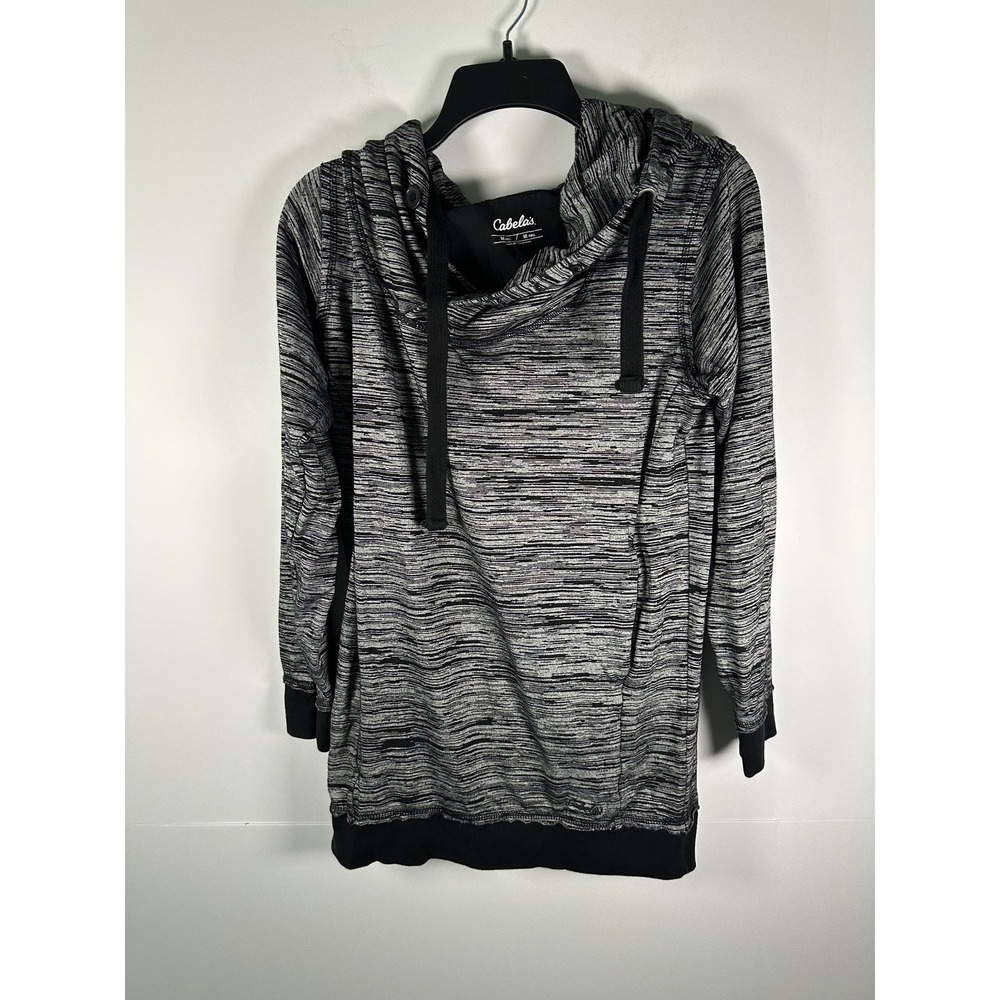 Cabelas Hoodie Womens M Gray Black Space Dye Cowl Neck Button Tunic Long Sleeve